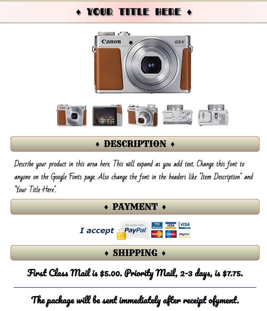 AUCTION TEMPLATE Design, Professional Look, Hover Images HTML & CSS - FREE SHIP