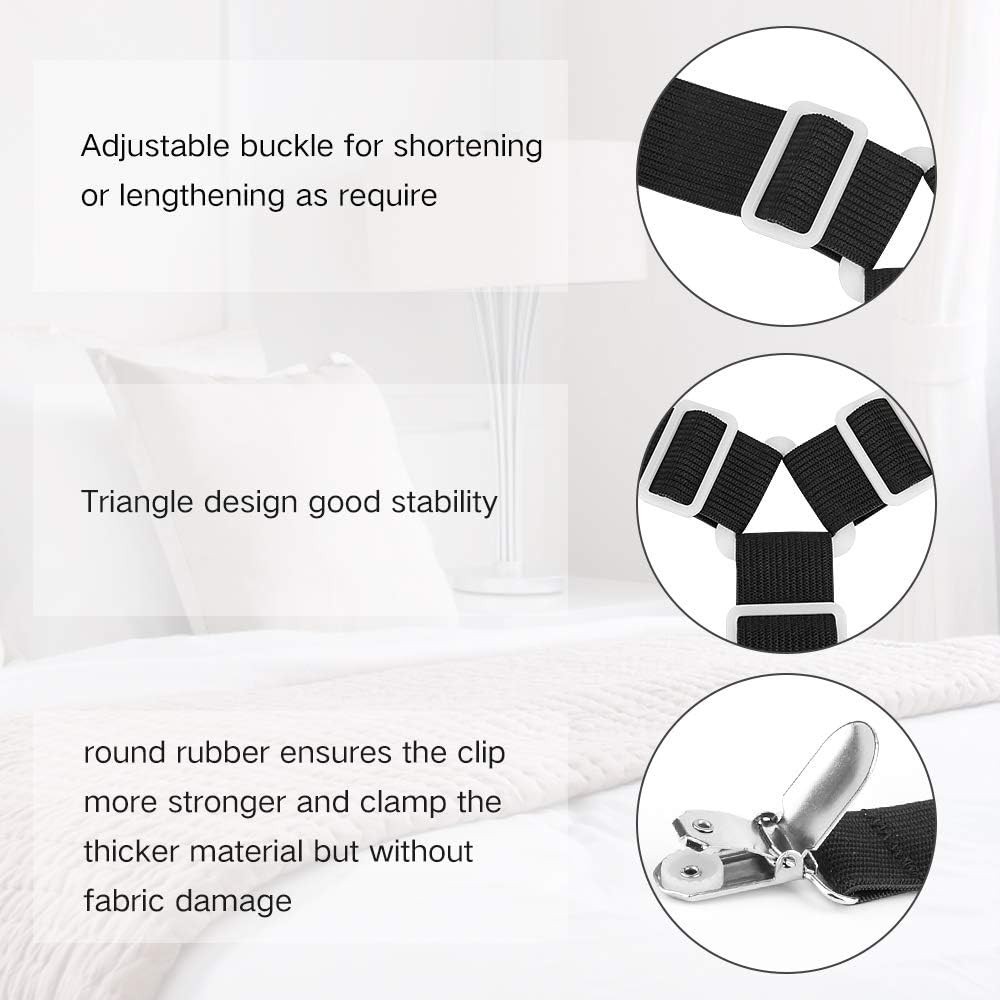 Triangle Design Adjustable Fitted Sheet Straps - 8 Piece Black Straps Set
