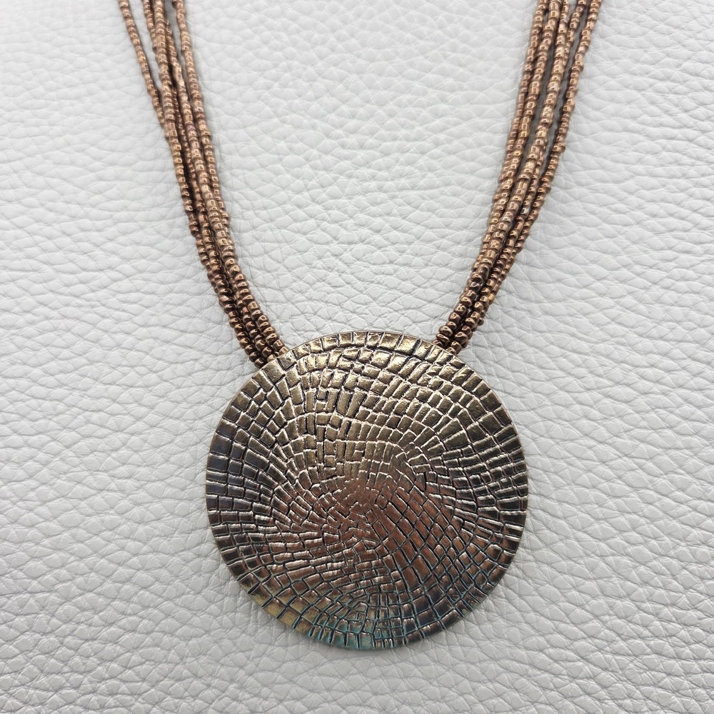 Multi Strand Copper Bead Necklace Round Medallion Pendant Statement Boho