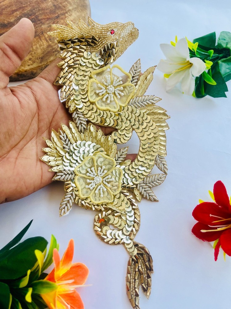 Handmade Zardozi Patch: Soft Gold Dragon Applique