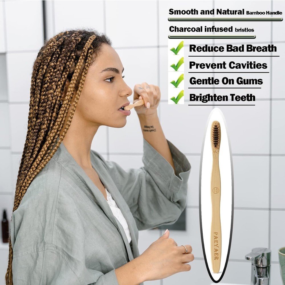 Bamboo Toothbrushes 2 Pc or 10 Pack Biodegradable Soft Medium Charcoal Bristles
