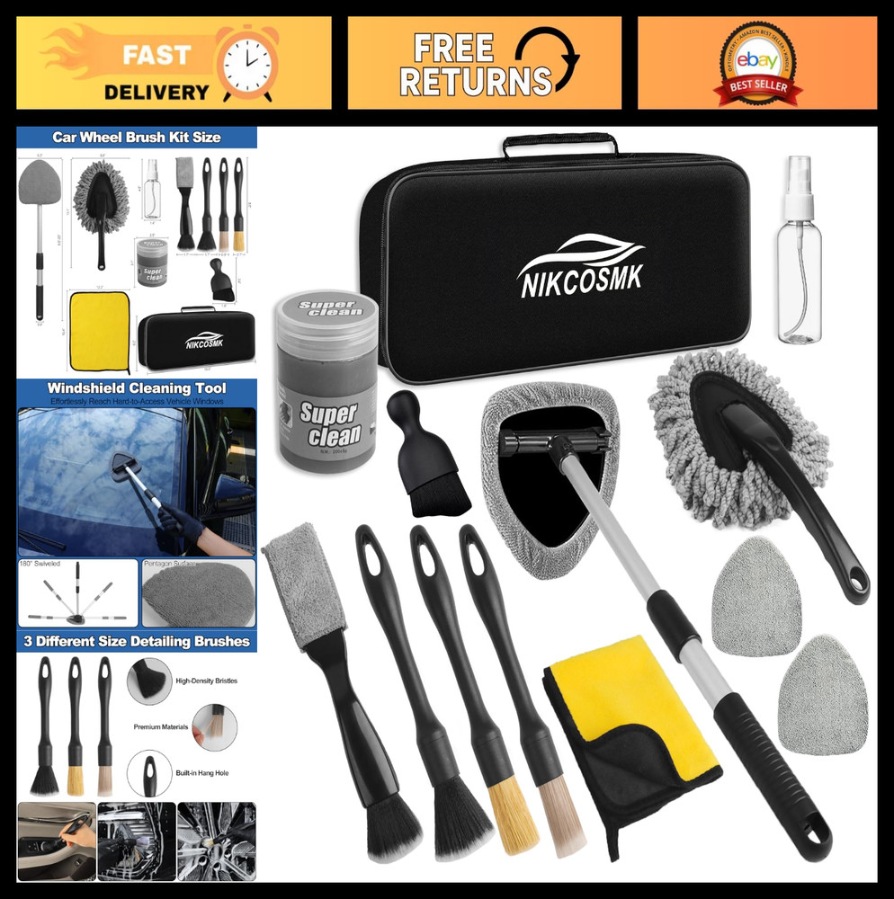 14Pcs Car Cleaning Kit - Windshield Cleaner Tool, Extendable Handle, Microfiber