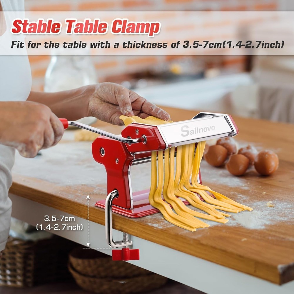 Red 180 Roller Manual Pasta Maker Machine with 9 Thickness Settings