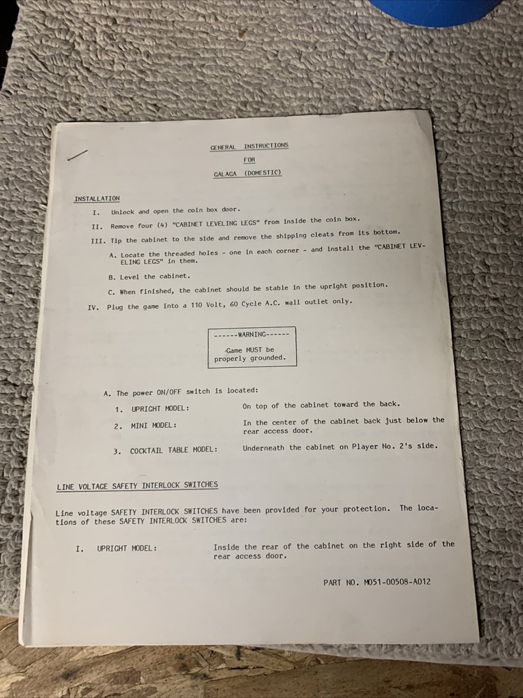 original General instructions Galaga arcade video game  owners manual