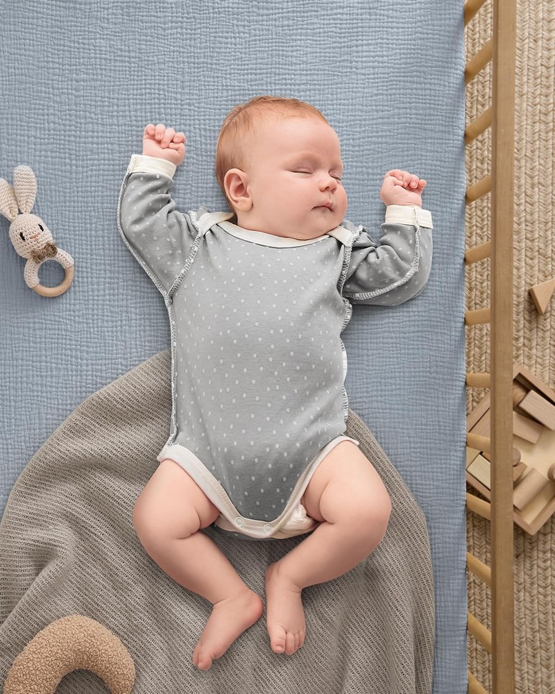 Blissful Diary Muslin Crib Sheets for 2 Pack, Light Blue & Grey
