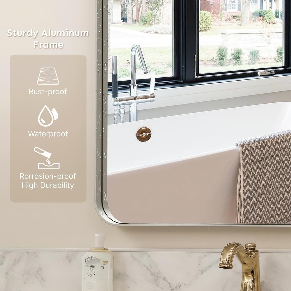 30"x20" Bathroom Mirror Large Brushed Nickel Rounded Rectangle Vanity Mirror