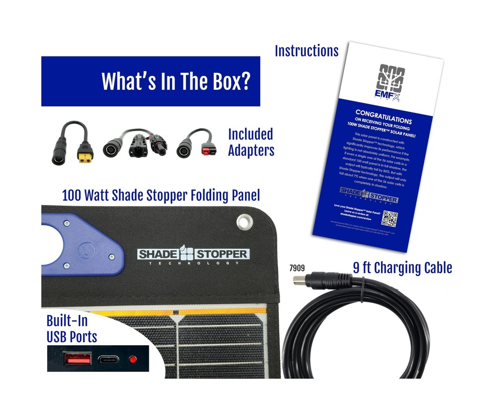 100 Watt Folding Portable Solar Panel- New Shade Stopper™ Tech: Output DOE