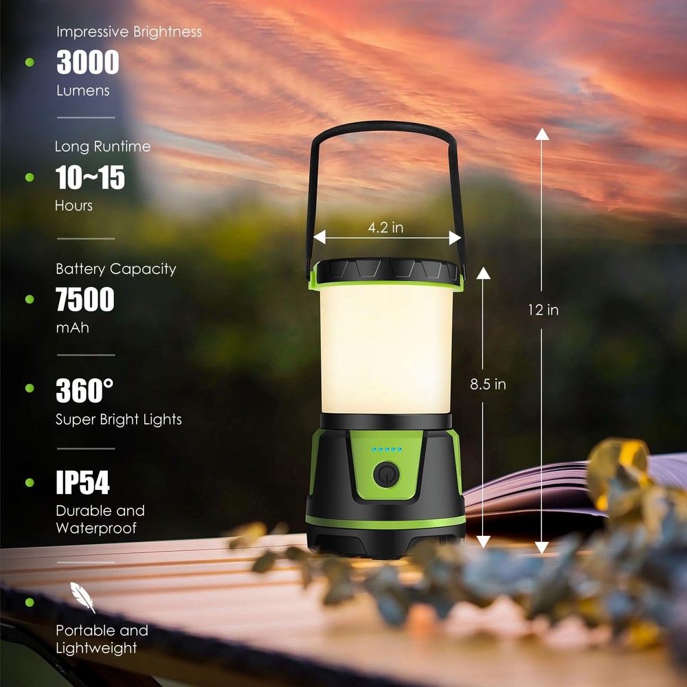 Rechargeable Camping Lantern 3000 Lumens – LED Flashlight with 5 Modes, Green