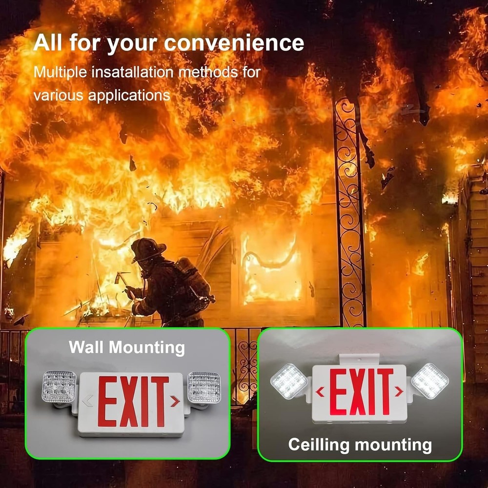 Red Exit Sign w/ Emergency Exit Lights Fixture/ Battery Backup, AC 120/277V