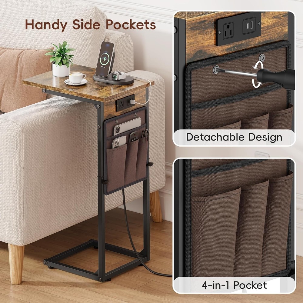 Vagusicc C Shaped End Table with Charging Station, Adjustable Rustic Brown