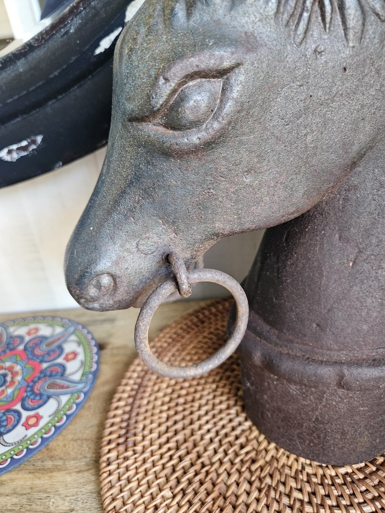 Circa 1900 : Two Double Ring Horse Head Adirons or Hitching Post Toppers