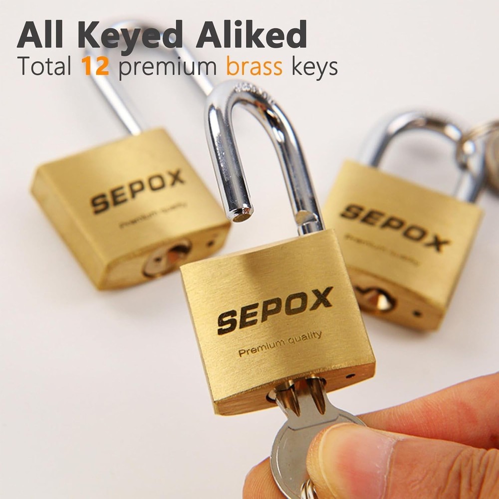 8-Pack Solid-Brass Padlocks, Keyed Alike 1-3/16'' Anti-Cut Shackle for Security