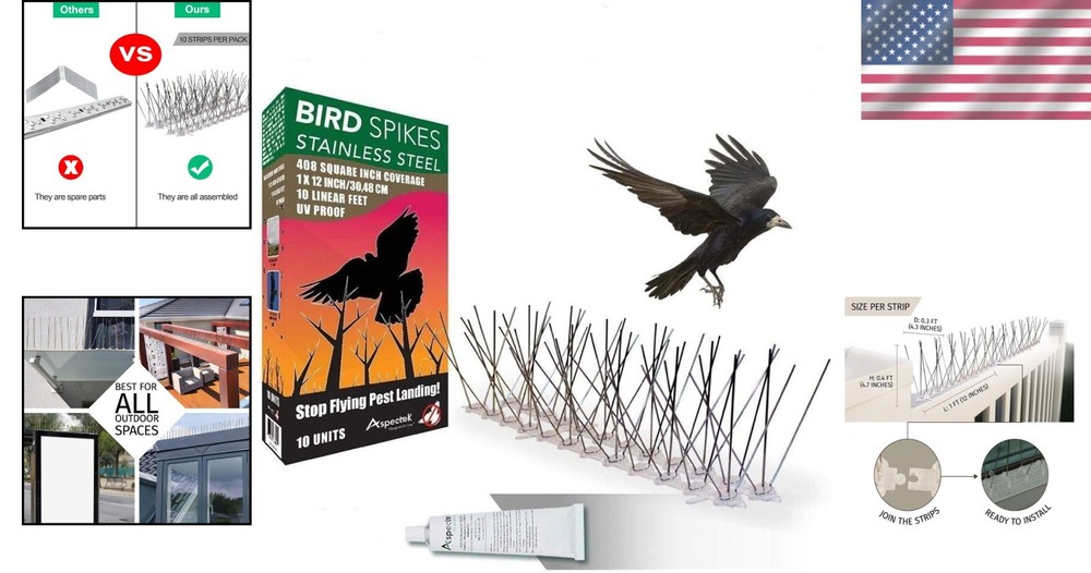 Durable Stainless Steel Bird Spikes for Elevated Areas - 10ft Coverage with Glue