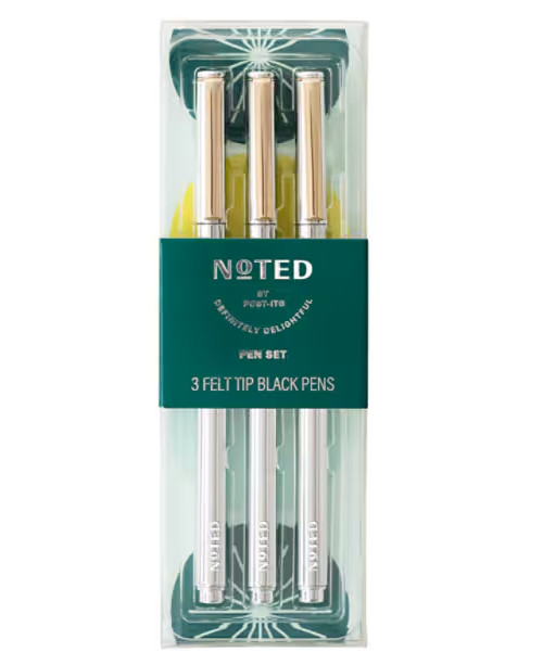 Noted By Post-it  3 Black Felt Tip Pens W/Metallic Silver Barrel