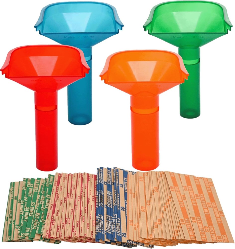 ESSENTIAL Coin Counting Tubes Set of 4, Color-Coded Tubes, Includes 100 Assorted
