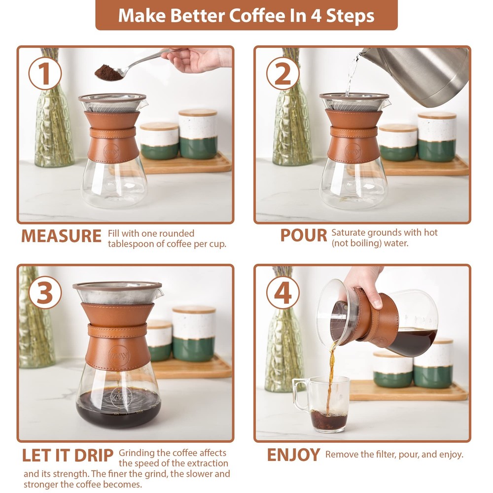 Pour Over Coffee Maker Set with Double-Layer Stainless Steel Filter, Coffee Drip