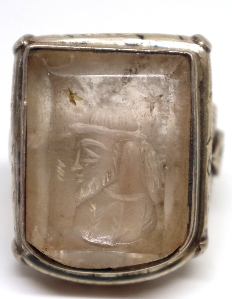 ANCIENT ROMAN KING INTAGLIO SOLID SILVER ANTIQUE OLD RING CRYSTAL STONE