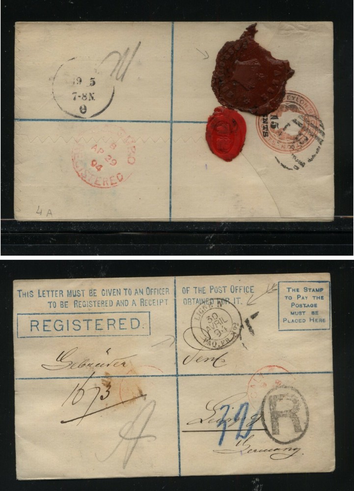 Ceylon  revalued  registered postal envelope to Germany  1894           EX1110