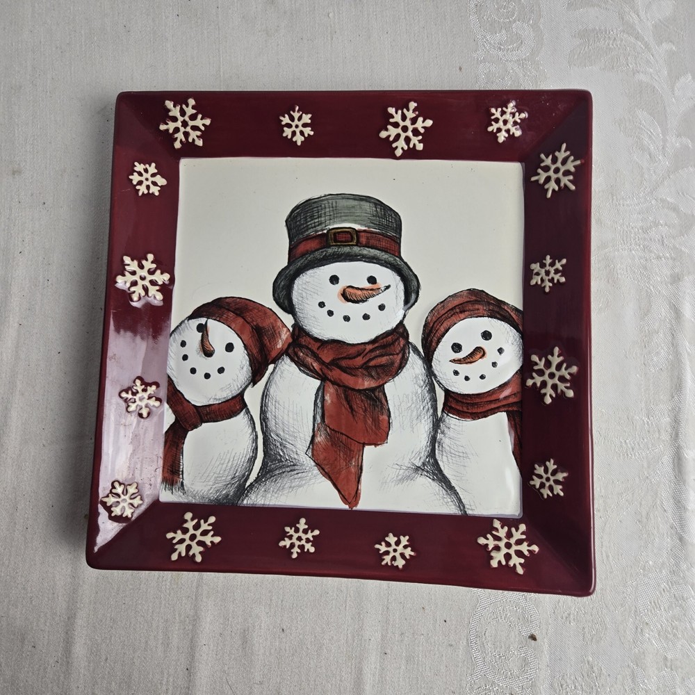 Yuletide Plate Embossed 3D Snowmen 10.5" Square Pre-owned