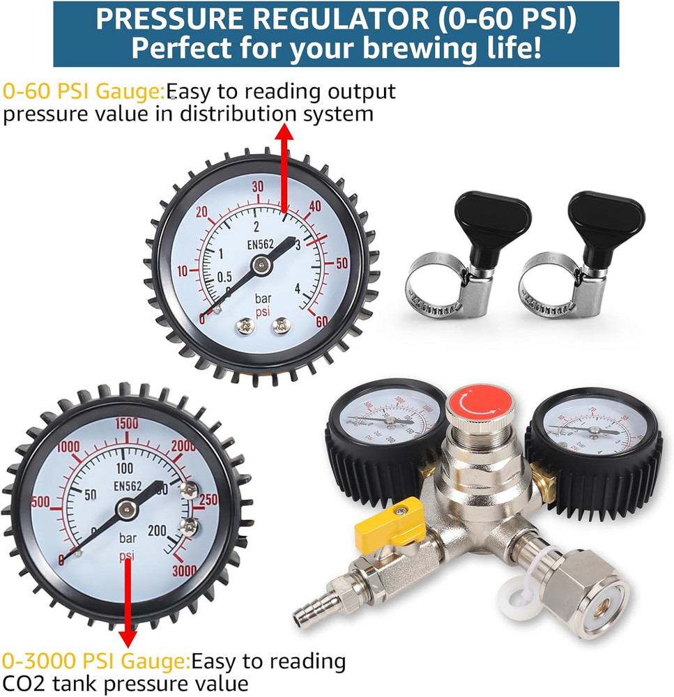CO2 Regulator and Carbonation Cap Kit Beer Keg Regulator 60Psi Keg Regulator for