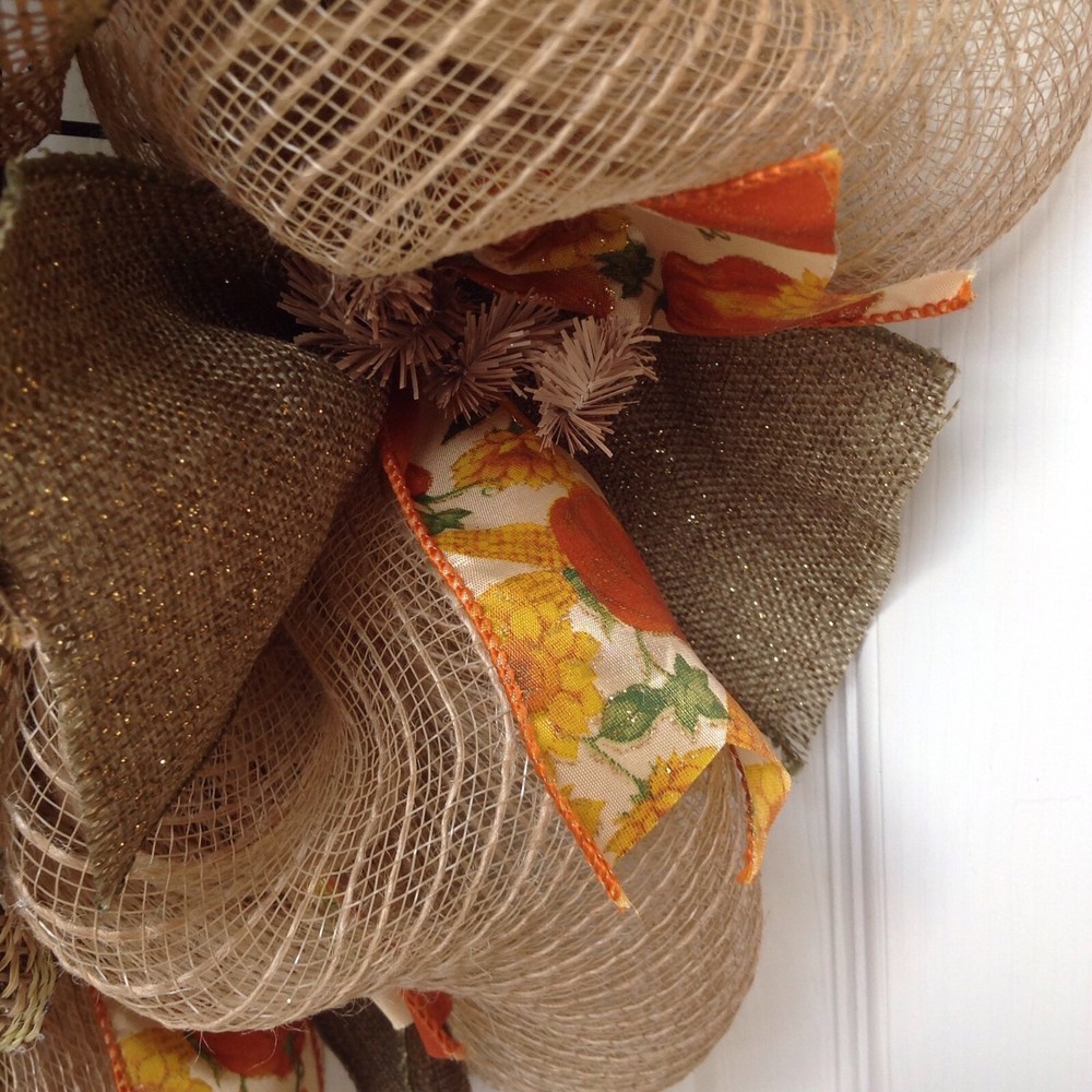 Handmade Quilted Pumpkin Deco Mesh Autumn Wreath