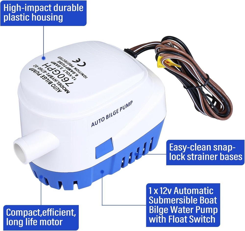 12V 760GPH Automatic Submersible Boat Bilge Water Pump Marine w/ Float Switch