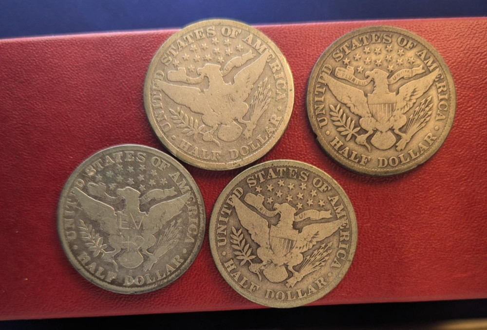 (4) barber half dollars (lot) mixed dates 90% silver
