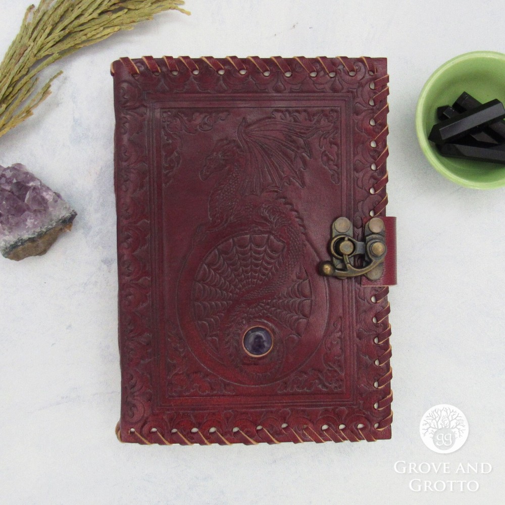 Dragon Leather Journal with Amethyst 5x7" Unlined Handmade Blank Book