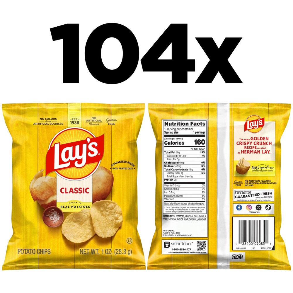 Classic Lays Potato Chips, 1 Ounce Pack - Bulk 104 Count Snacks