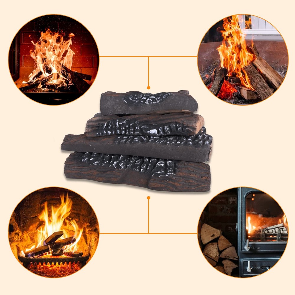 Large Gas Fireplace Logs, 10 Piece Ceramic Fire Logs for Fire Pit and Firepla...