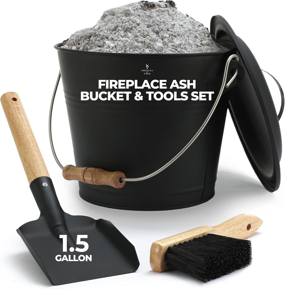1.5 Gallon Mini Ash Bucket with Lid & Tools - Elegant Black Fireplace Solution