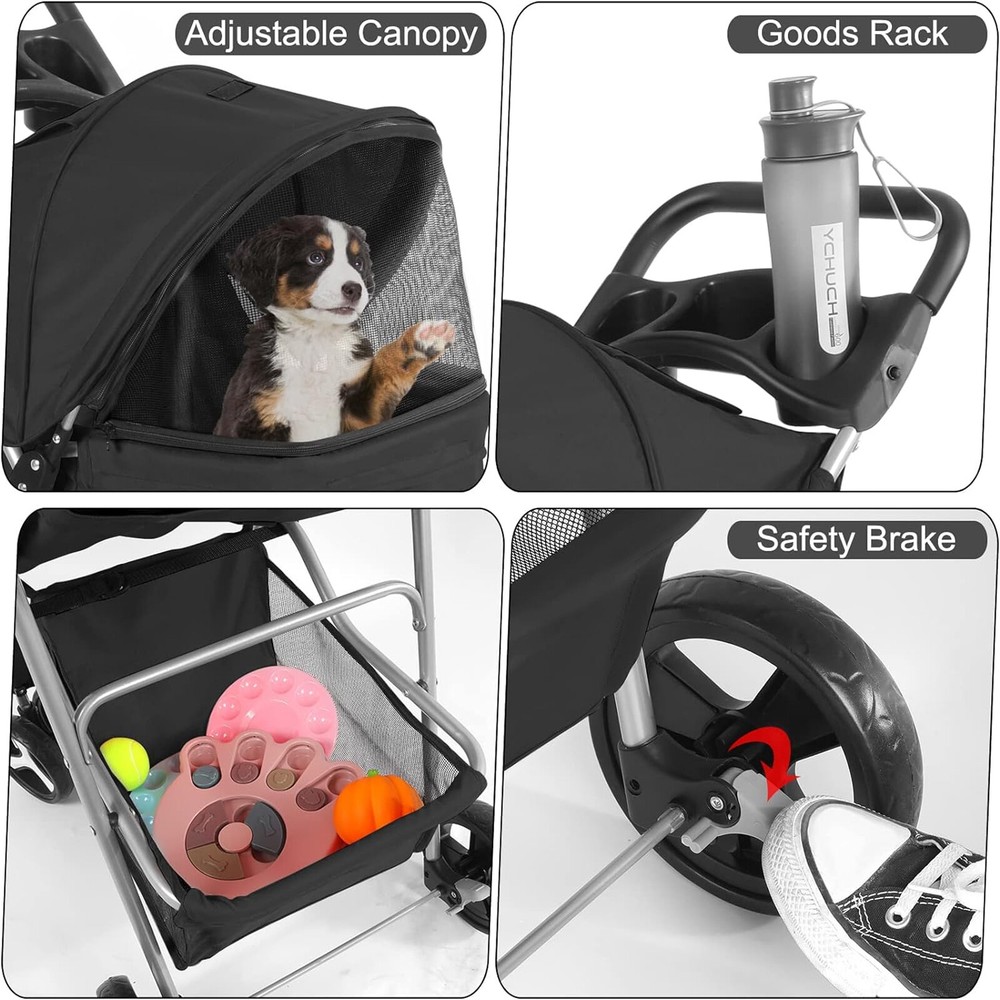 3/4 Wheels Foldable Pet Strollers Cat Dog Cage Strollers w/ Cup Holder & Basket