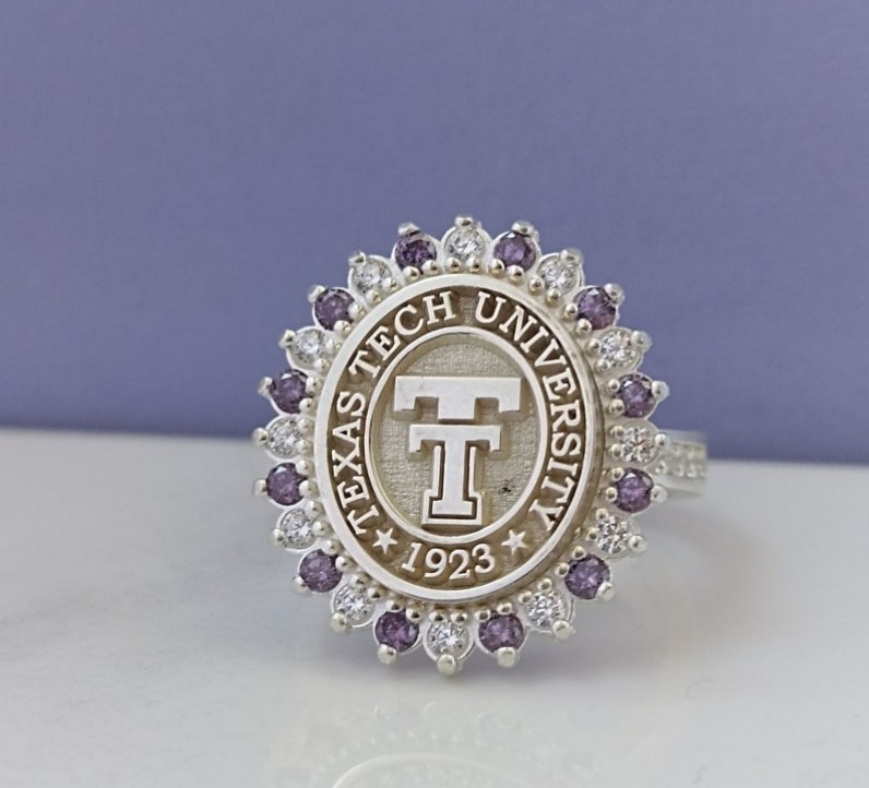 Texas Tech University Class Ring 1923 Silver with Purple & White Stones