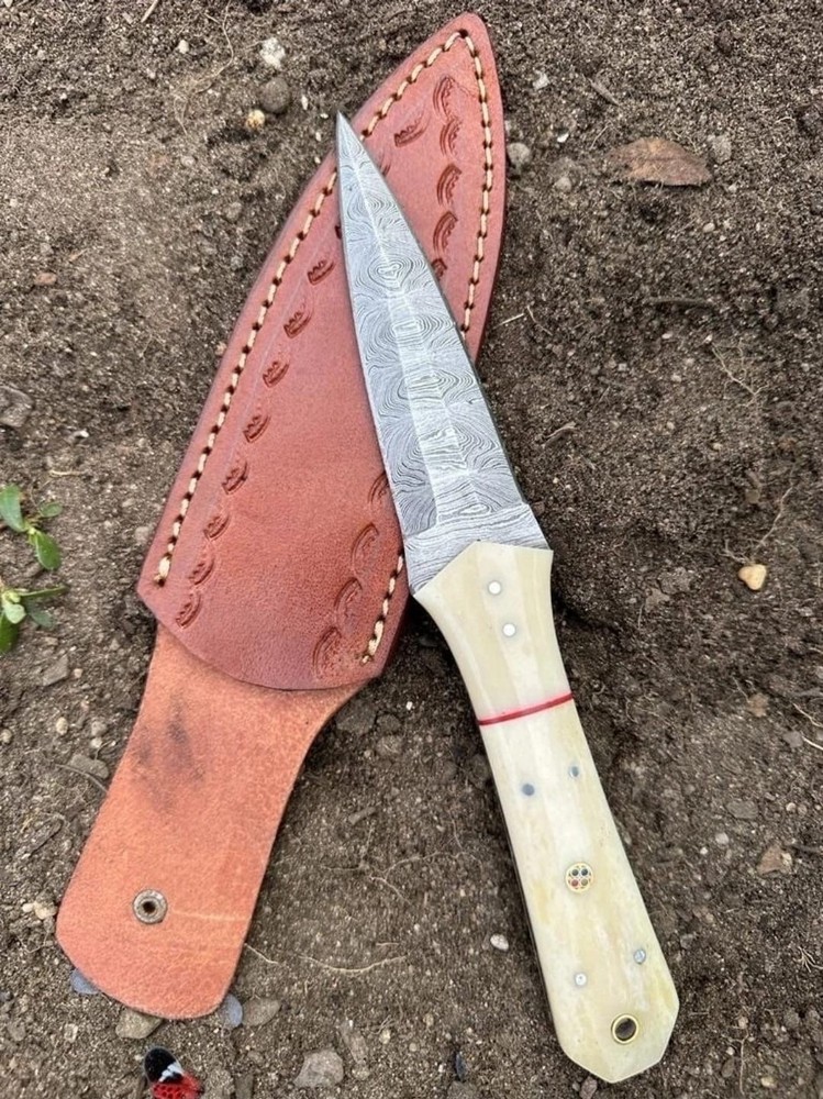 handmade Damascus Knives double edged dagger boot knife Combat Camel Bone Handle