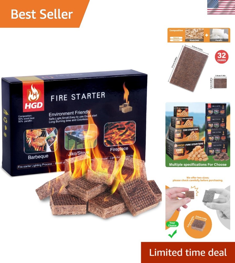 Water-Resistant Mini Fire Starters for Campfires & BBQ Grills - 32 Count