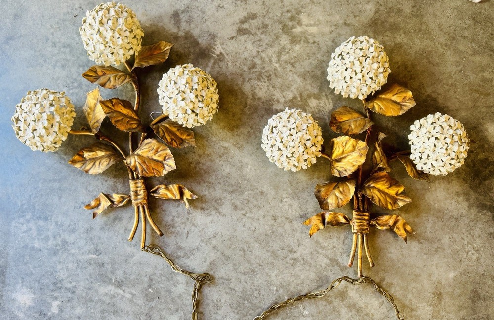1950s Hydrangea Wall Light Sconces Italian Tole white enamel hydrangeas Pair