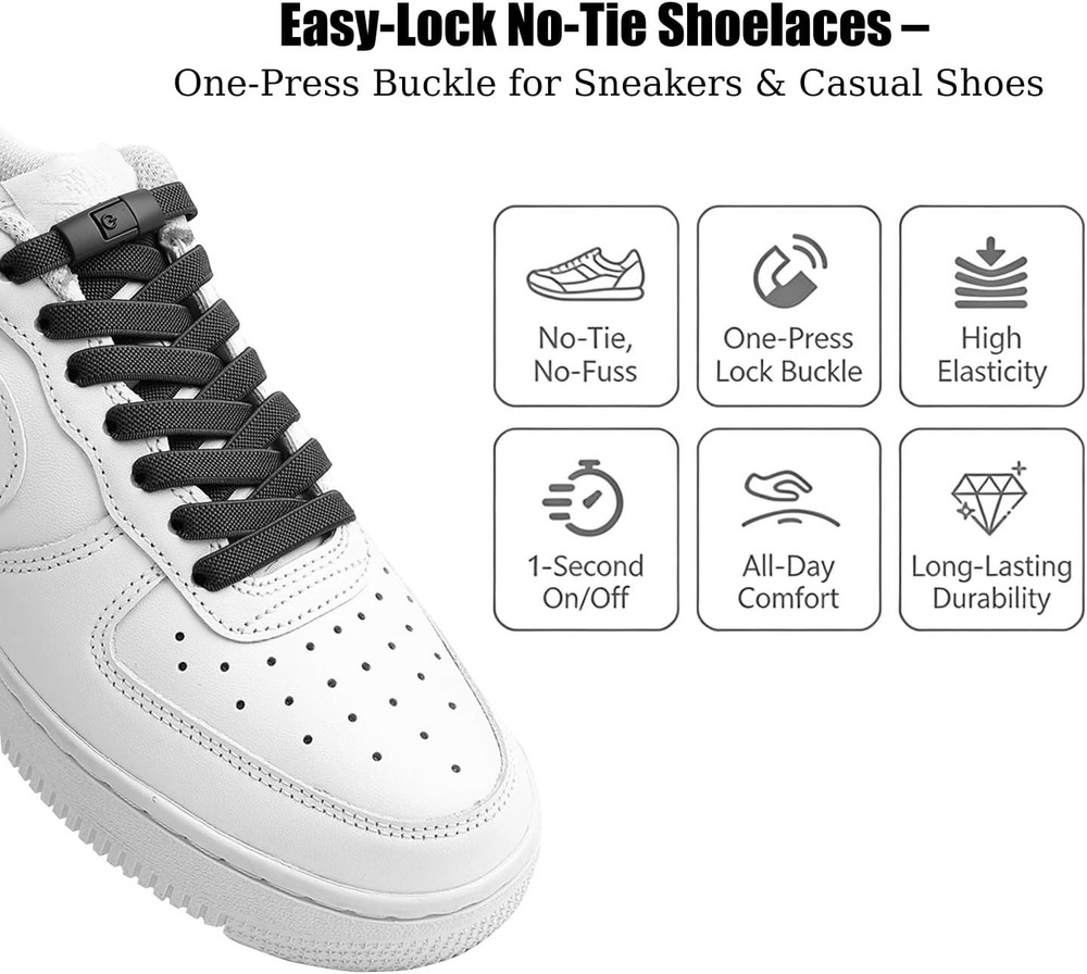 No Tie Elastic Shoelaces - 100cm| Push-Button Closure for Quick Use | Universal