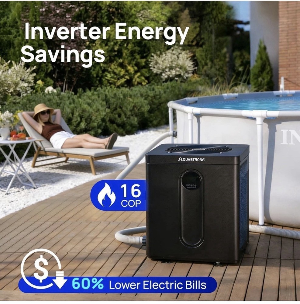 AQUASTRONG 39,000 BTU Top Discharge Inverter Swimming Pool Heat Pump, 9,000 Gal