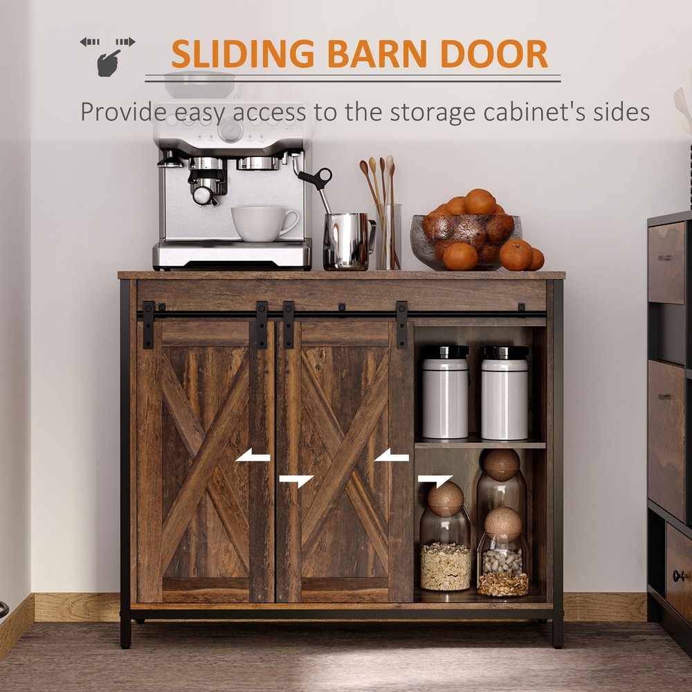 Industrial Kitchen Sideboard, Buffet Cabinet w/ Sliding Barn Doors, Rustic Brown