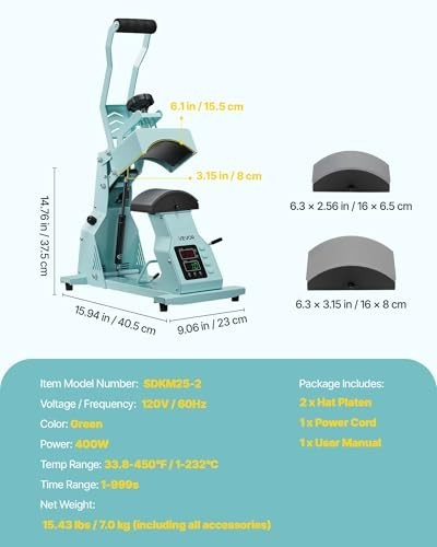 Hat Heat Press Machine with 2 Interchangeable Platens, Precise Temp Control for