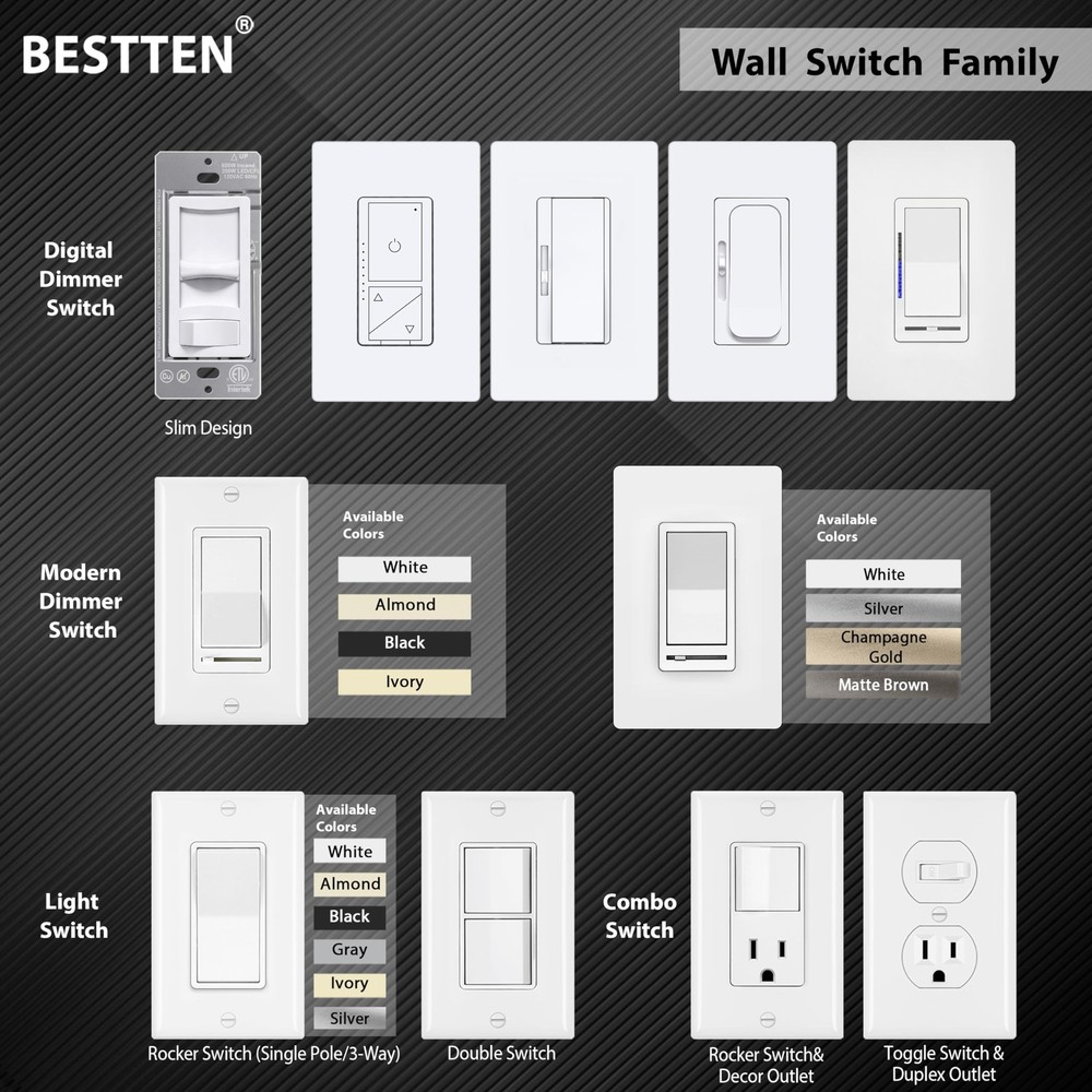 BESTTEN 10 Pack Single Pole Decorator Light Switch with Pole, white