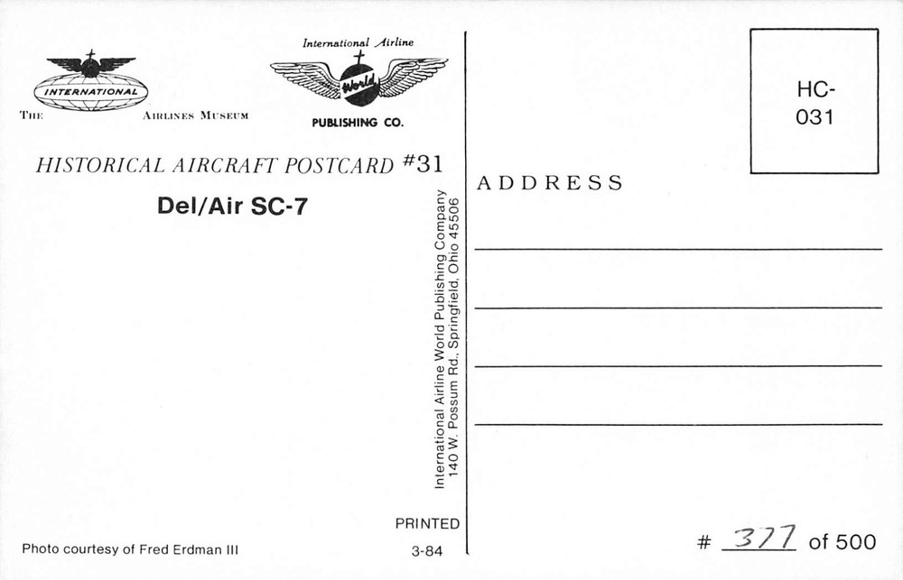 Airline Postcard DEL/ AIR SC-7