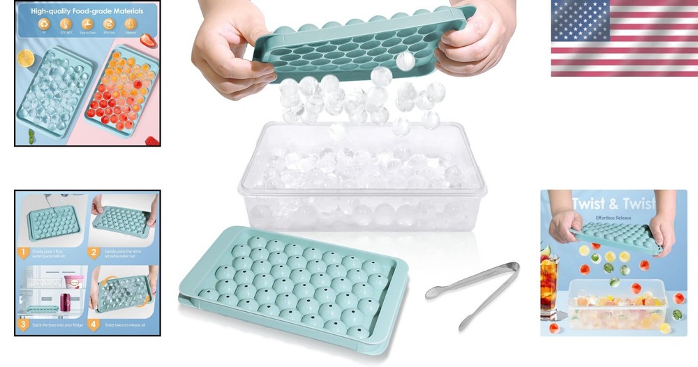 Compact 2-Pack Ice Cube Tray with Bin - Effortless Round Ice Maker in Blue