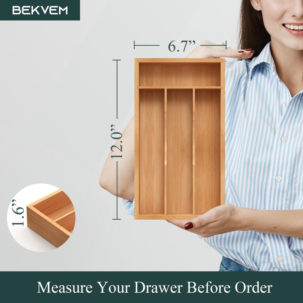 Small Silverware Organizer, Bamboo Kitchen 6.7x12 Inch, Natural
