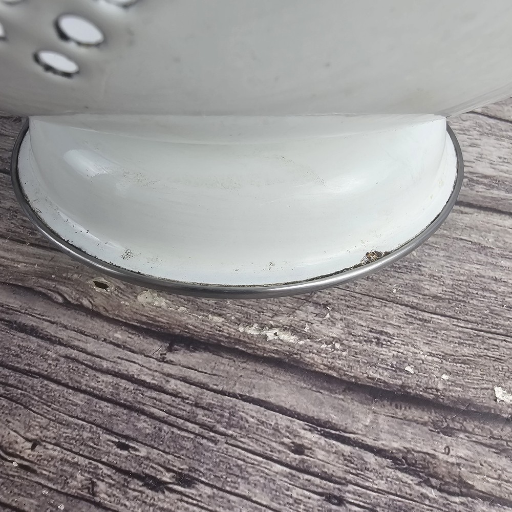 White Enamel Colander 10" Metal Strainer Silver Trim