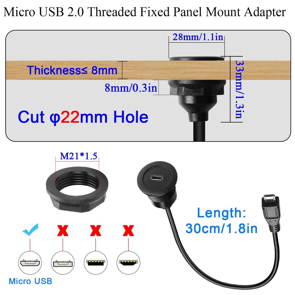 Micro USB Threaded Fixed Mount Charging Short Cable Adapter Micro USB Male to...