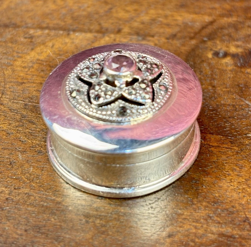 A Pretty London Hallmarked Solid Silver Pill Box Set With Marcasite & Amethyst.