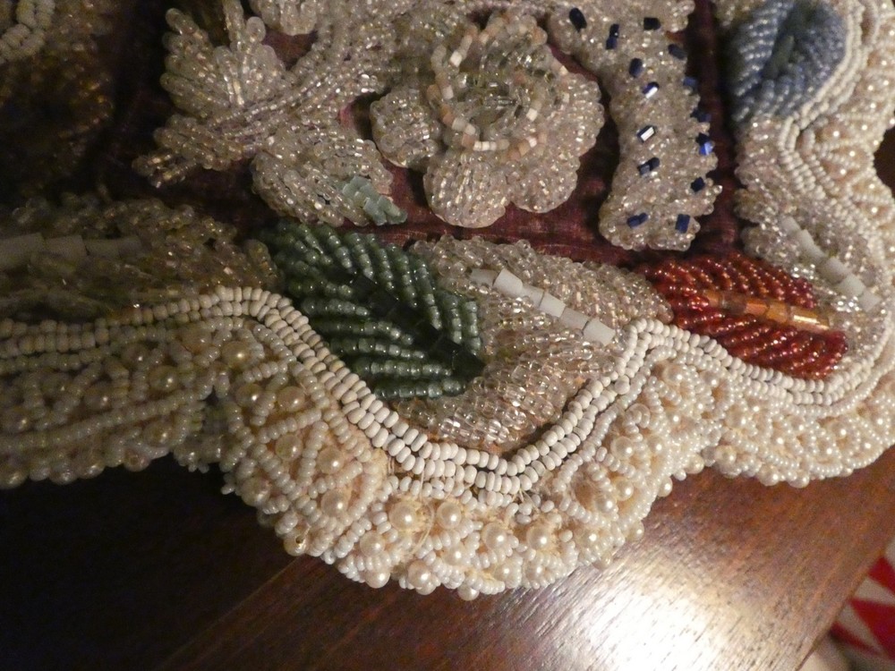 Antique Glass Bead Panel w/ Bird & Leaves
