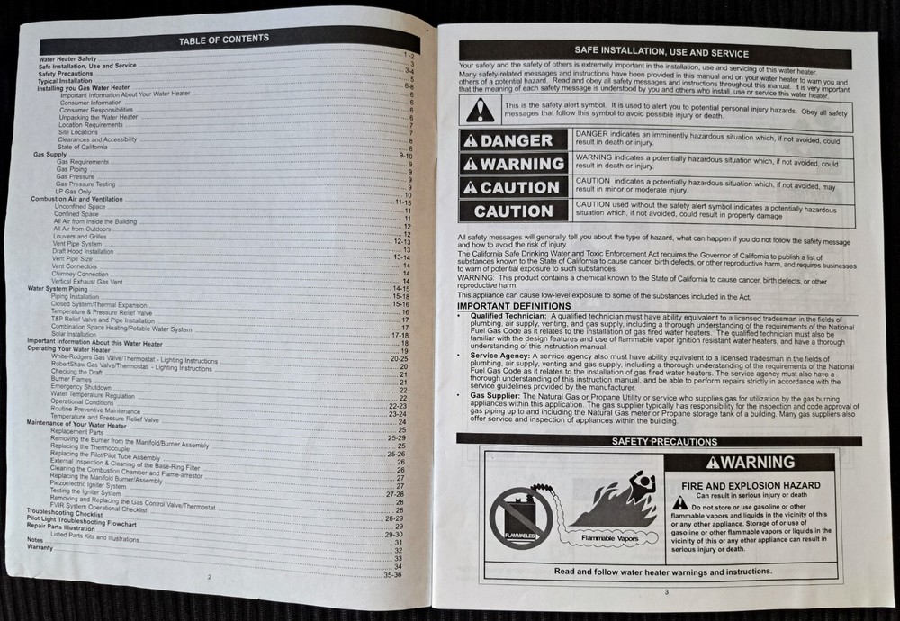 AO Smith FVIR Gas Water Heater Installation Instructions and Use & Care Guide