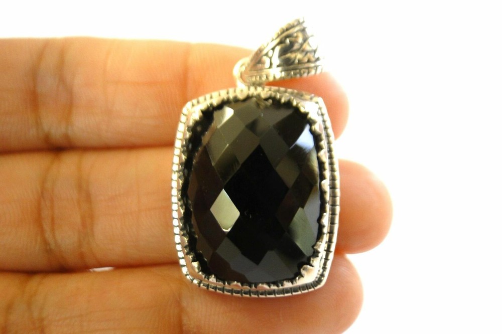 Rectangle Black Onyx Solitaire Ornate Edged 925 Sterling Silver Pendant